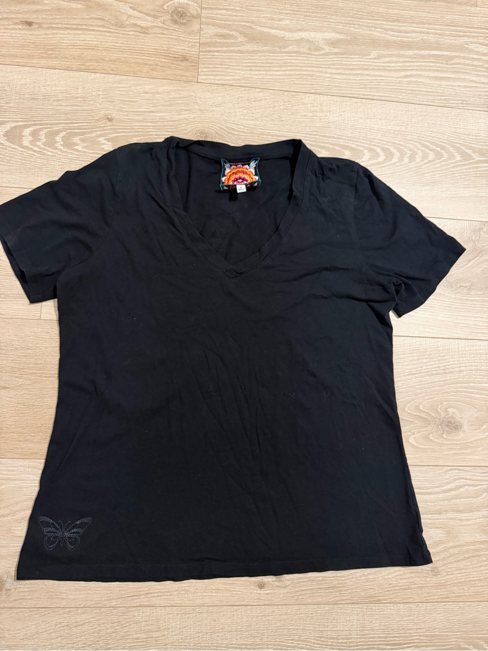 Johnny Was Classic Black V-Neck with Butterfly Women's Tee